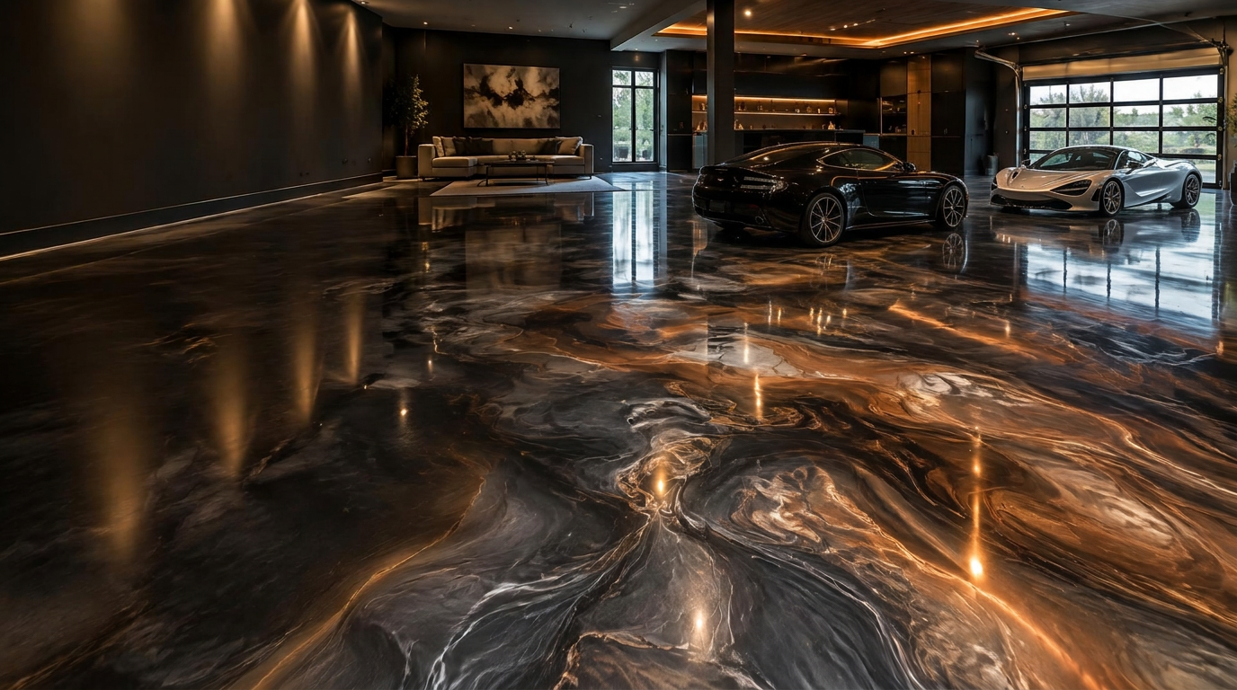 Seamless high-gloss black epoxy garage floor